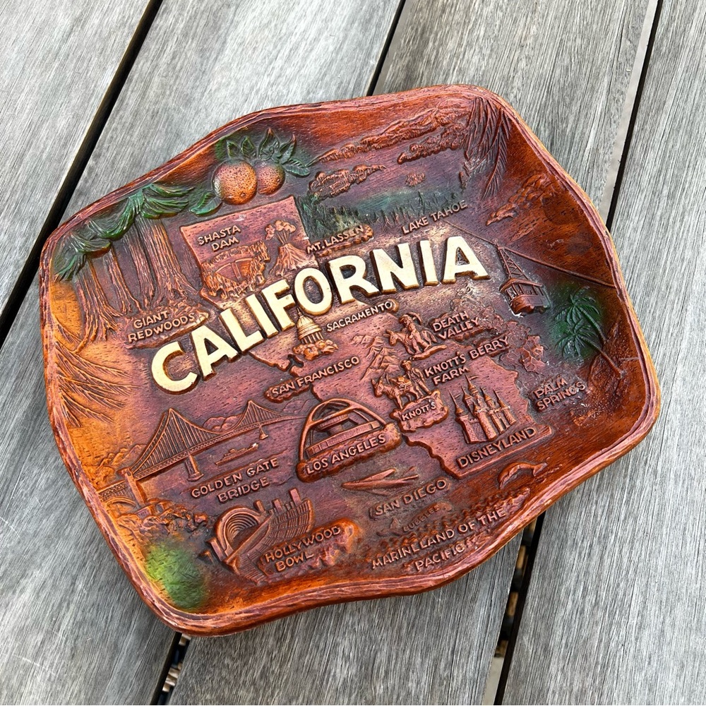 Vintage Mid Century ASMCO California Souvenir Tray or Wall Hanging Faux Wood